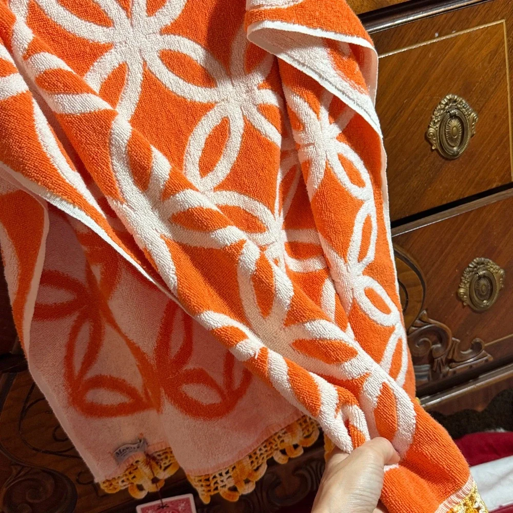 True Vintage crochet hem Orange White Geometric Towel  by MARTEX, cotton, USA